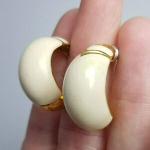 Vintage Napier Cream Enamel and Gold Tone Half Hoop Stud Earrings, Estate